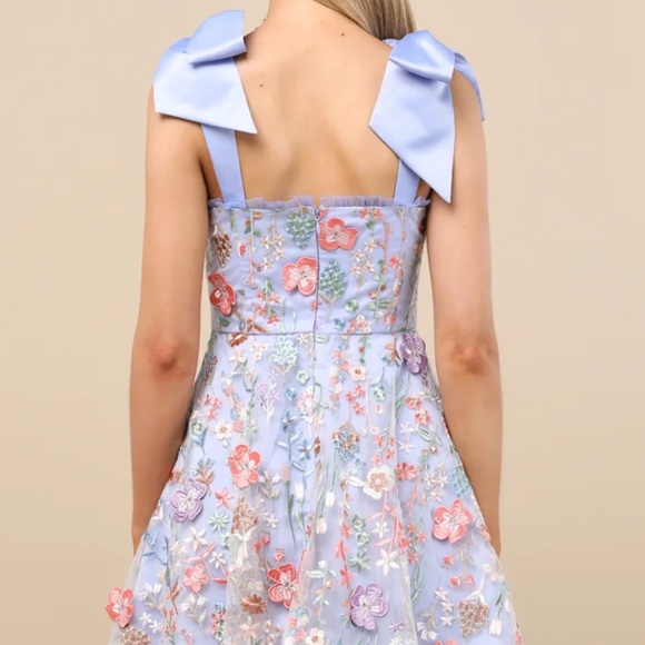 Lulus Astara Periwinkle Floral Embroidered Tie-strap Mini Dress Blue - Size M - Picture 2 of 5